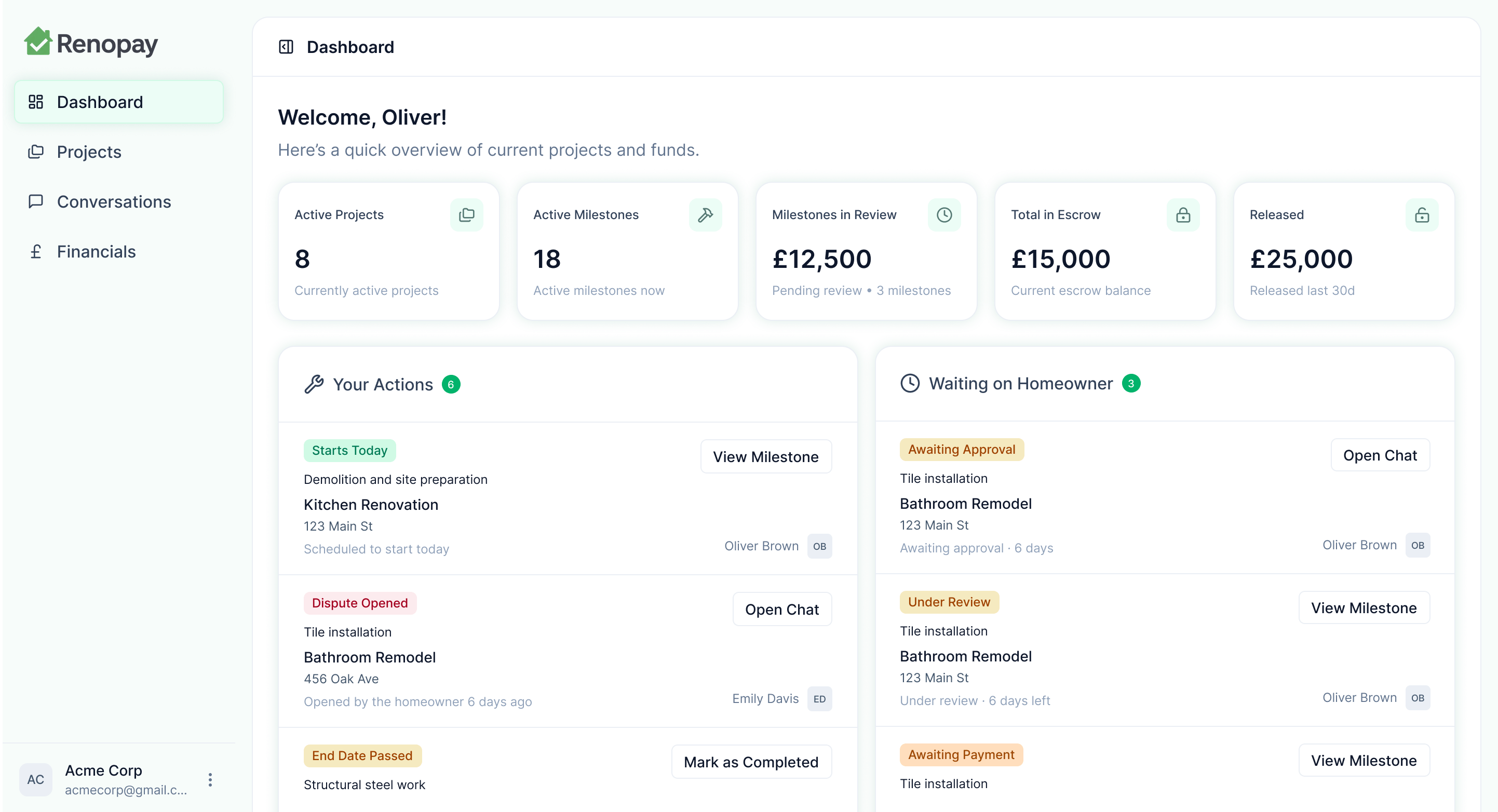 Renopay builder dashboard showing active projects, milestones, and escrow balances