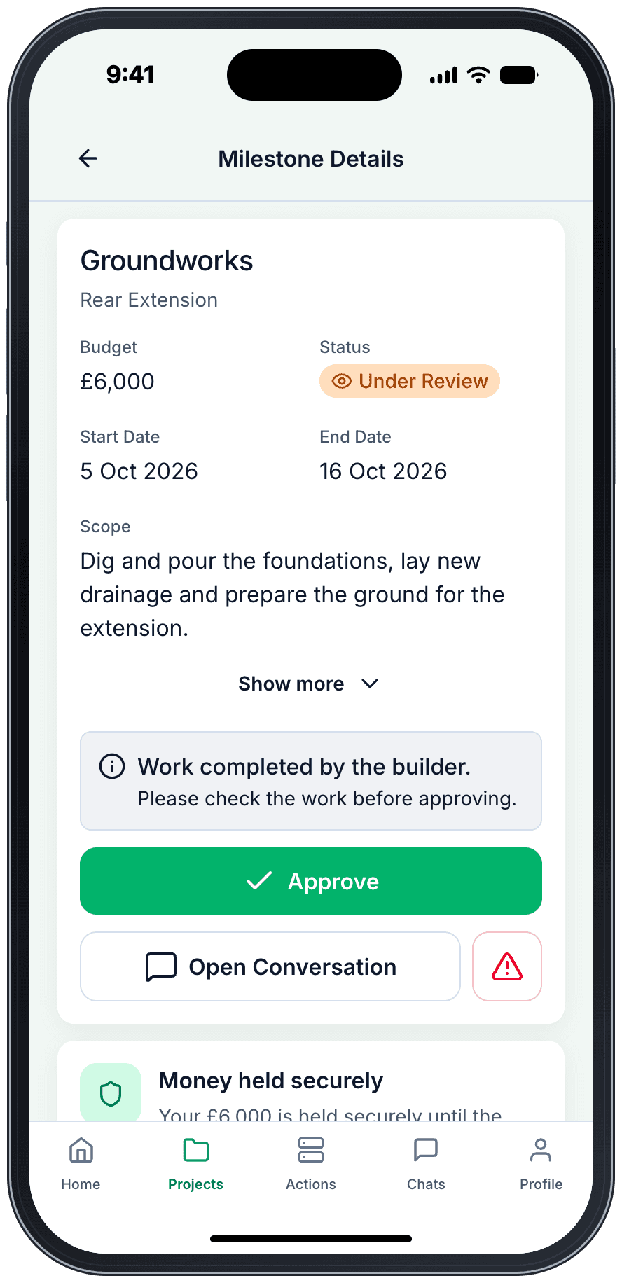Renopay app, homeowner view: a £6,000 groundworks stage under review, with the money held securely and an Approve button